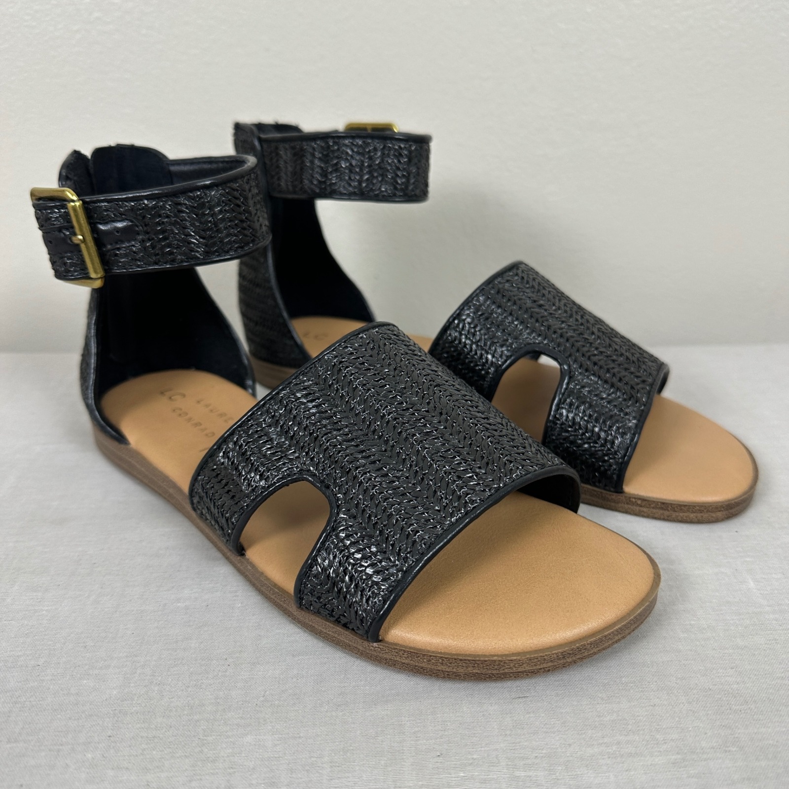 Lc Lauren Conrad Women's 6 Niviann Sandals Black Woven Ankle Strap Memory Foam